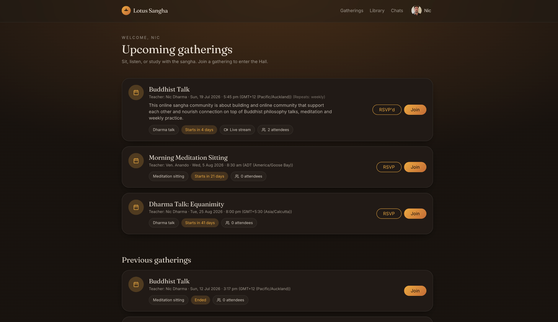 Upcoming gatherings list